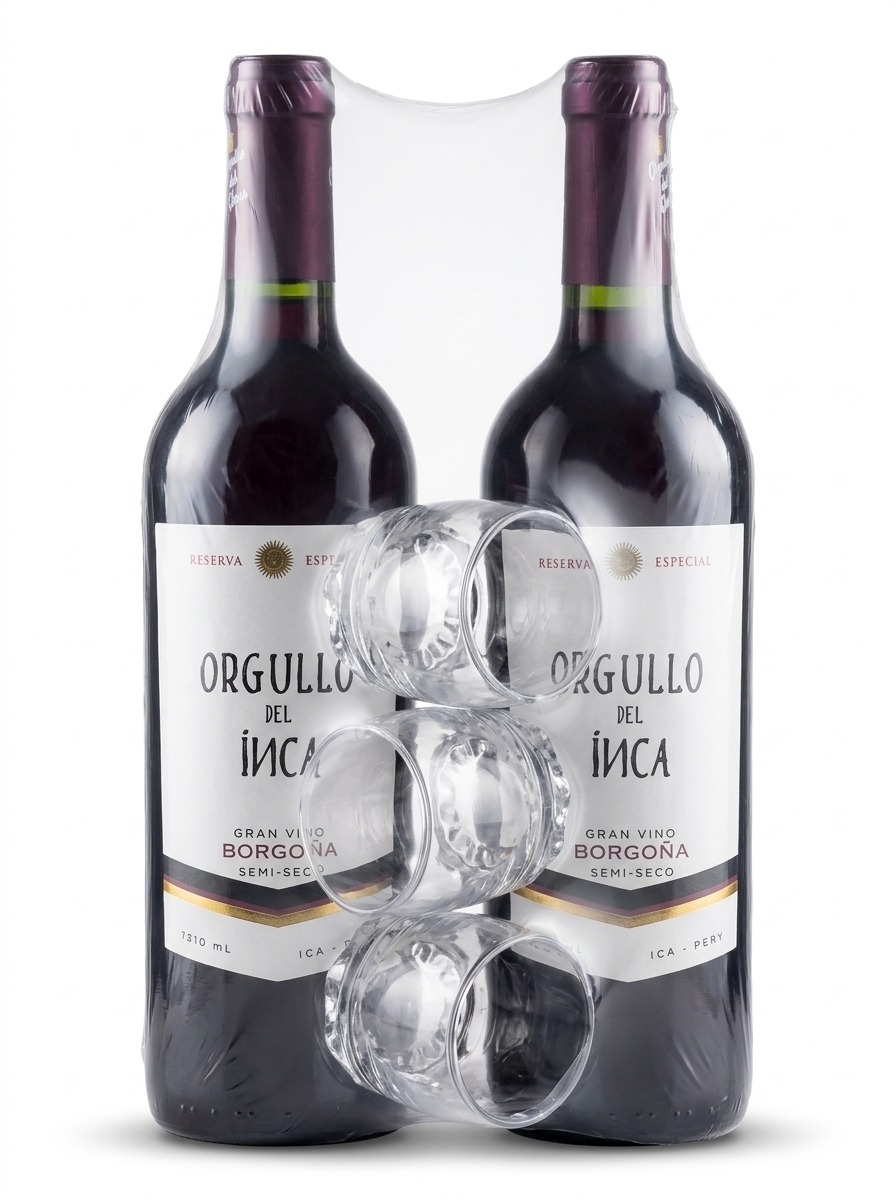 VINO BORGOÑA SEMI-SECO ORGULLO DEL INCA PACK 2 BOTELLAS + 3 VASOS